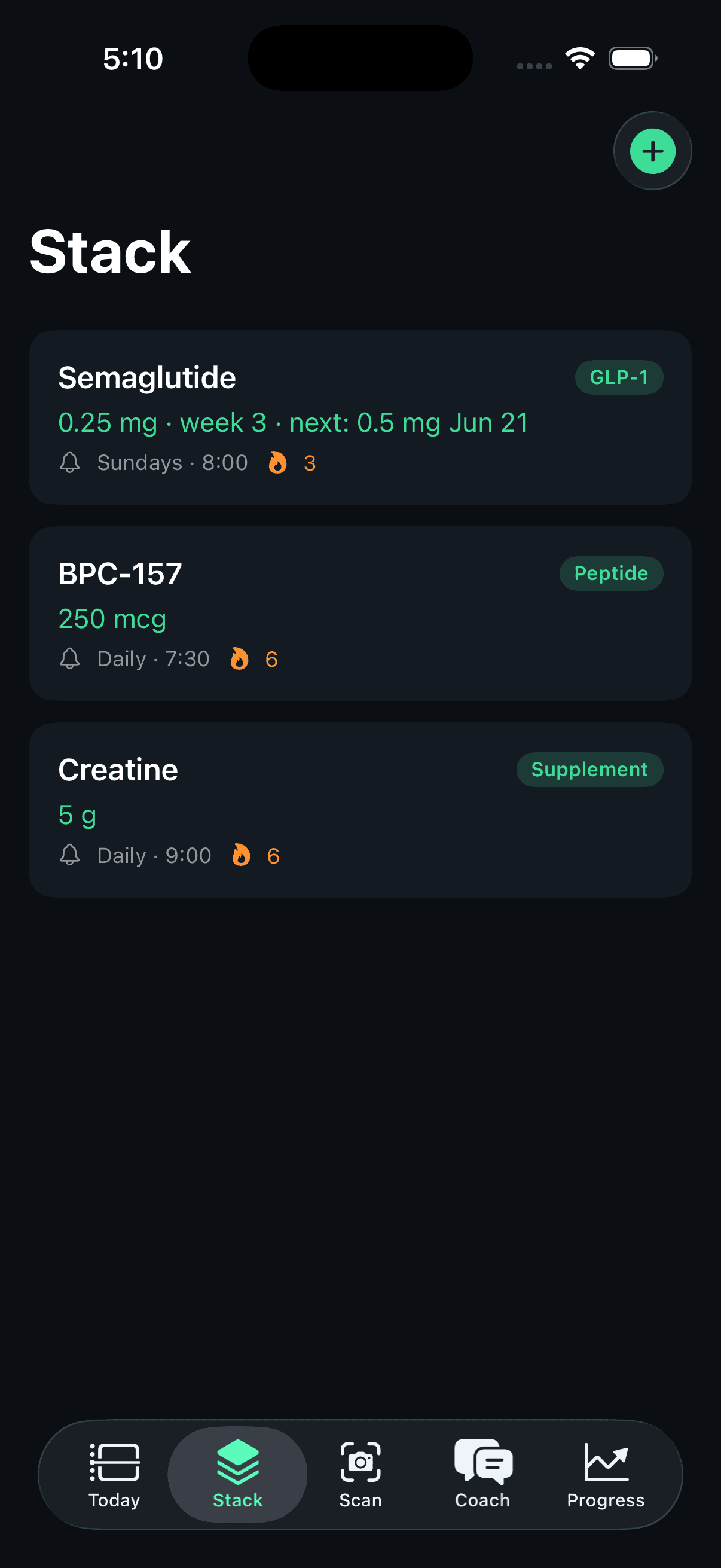 StackDose Stack screen with titration schedule