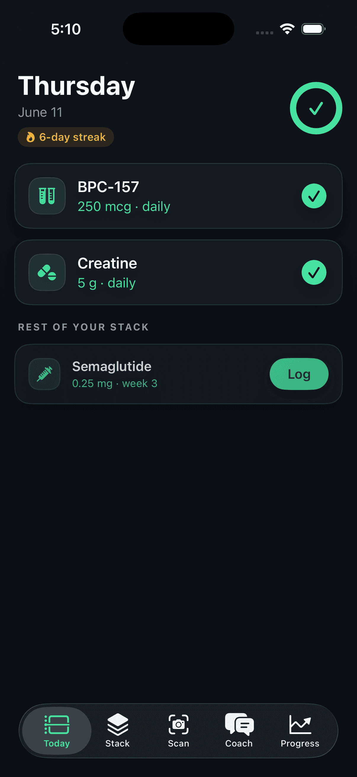 StackDose Today screen: daily doses, titration week and streak